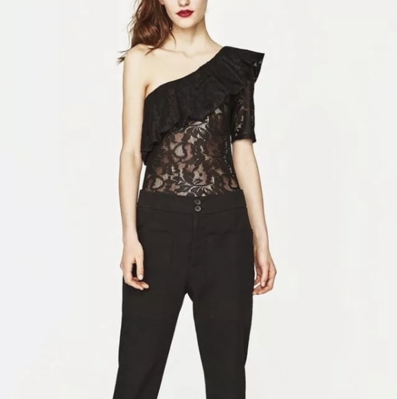 Zara Black Frilled Lace One Shoulder Bodysuit - Picture 3 of 10